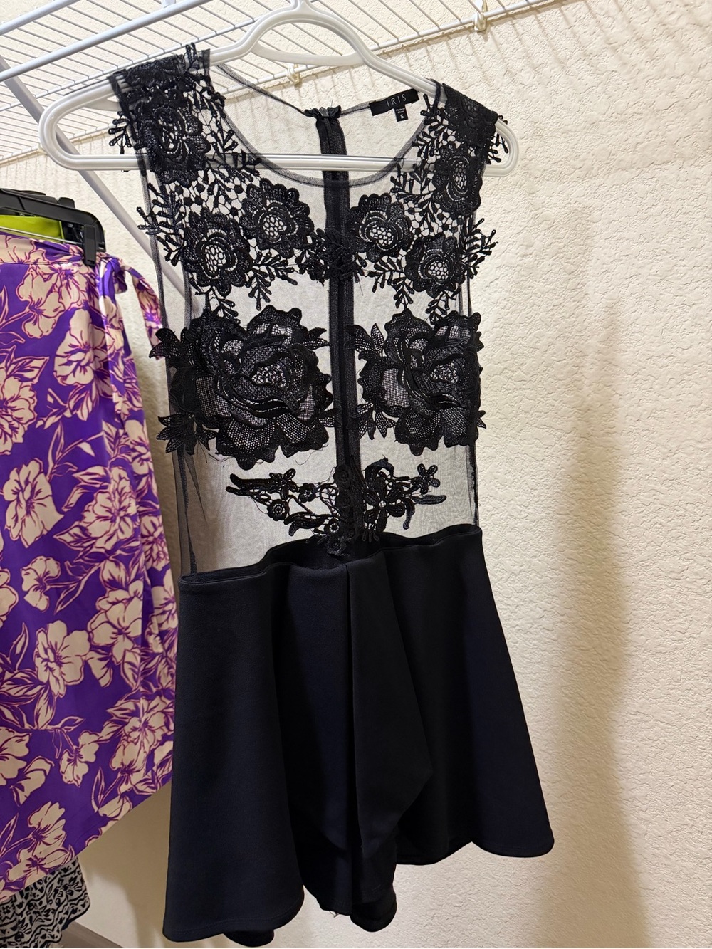 iris Black Lace Appliqué Mini Dress